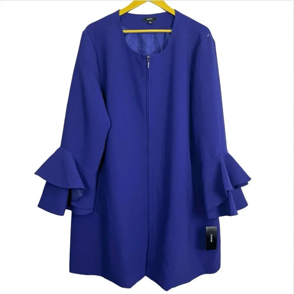 Alfani XXL Full Zip Coat Long Jacket Blue Ruffle Flared Long Sleeve Pockets NWT - Picture 2 of 10
